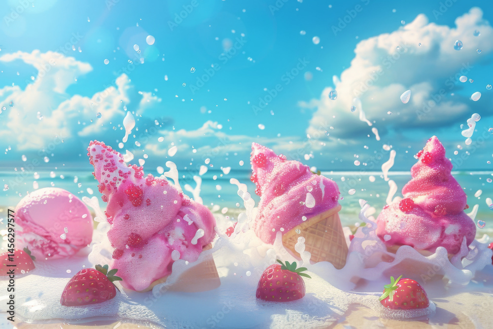Colorful melting ice cream cones with strawberries on a sunny beach, creating a vibrant and playful summer scene.