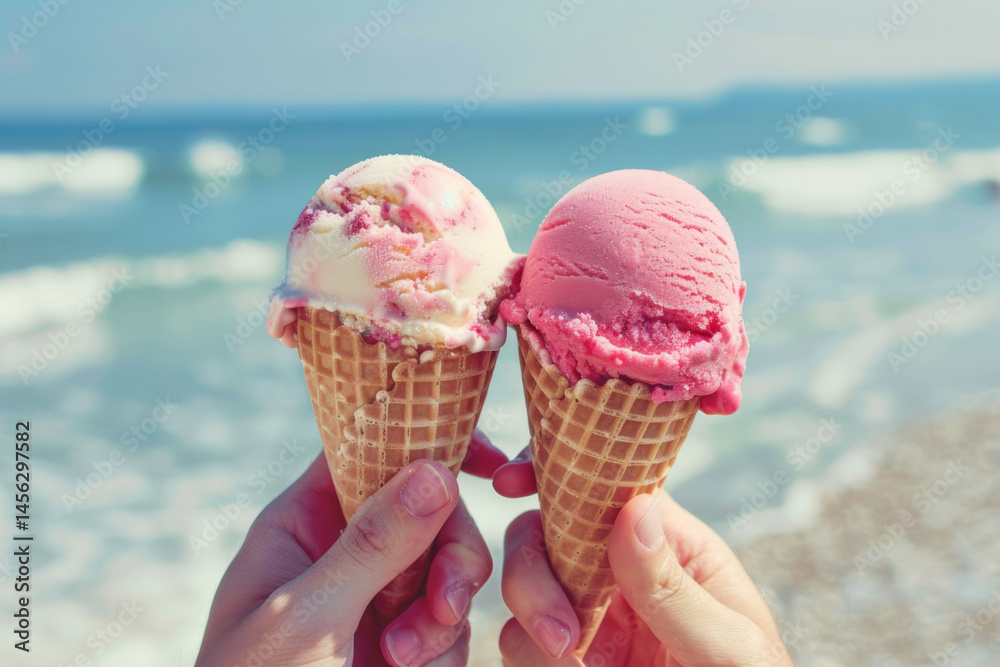 A hand holding three ice cream cones on a beach with palm trees and a clear blue sky.