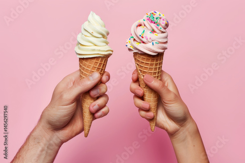 Obraz na płótnie A hand holding a strawberry ice cream cone with a fresh strawberry on top against a pink background. w salonie