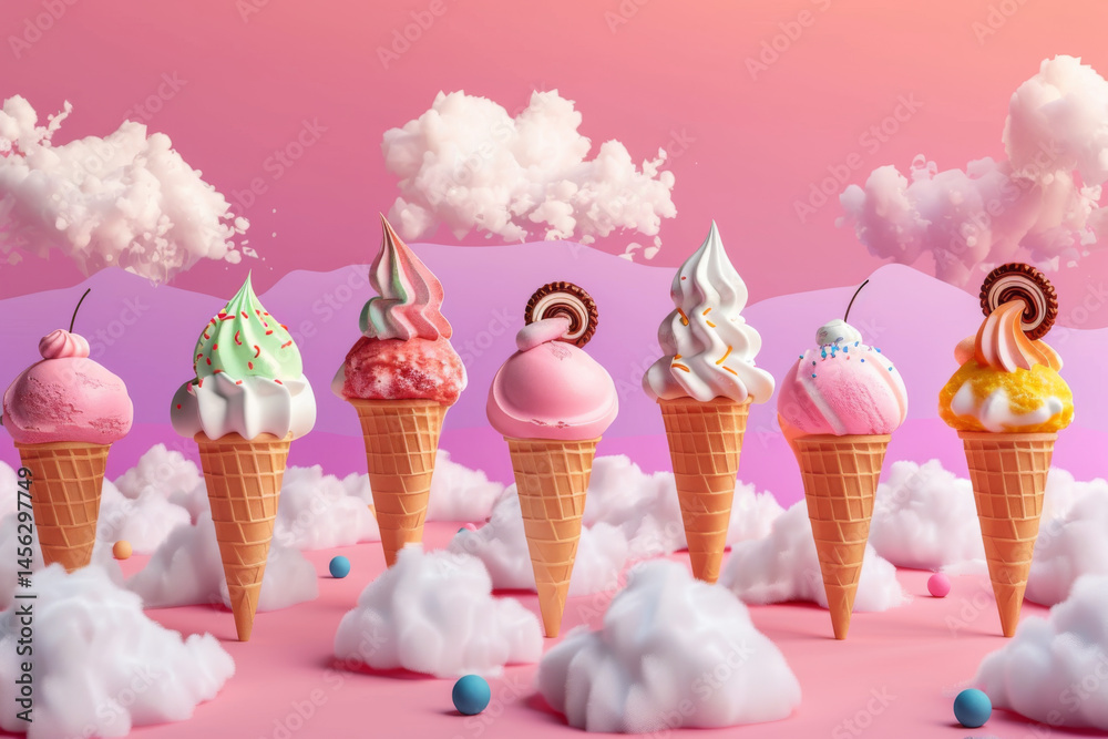 Colorful melting ice cream cones with strawberries on a sunny beach, creating a vibrant and playful summer scene.