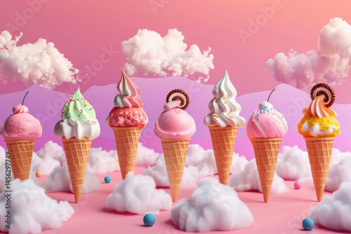 Obraz na płótnie Colorful melting ice cream cones with strawberries on a sunny beach, creating a vibrant and playful summer scene. w salonie