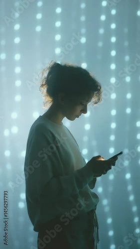 Young woman uses smartphone in dim lighting with bokeh lights background, looking at the screen in contemplative pose, bathed in a soft glow.