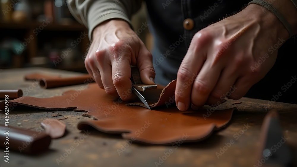 Obraz premium Craftsman cutting piece of brown leather with a sharp tool in workshop, handmade product, small business