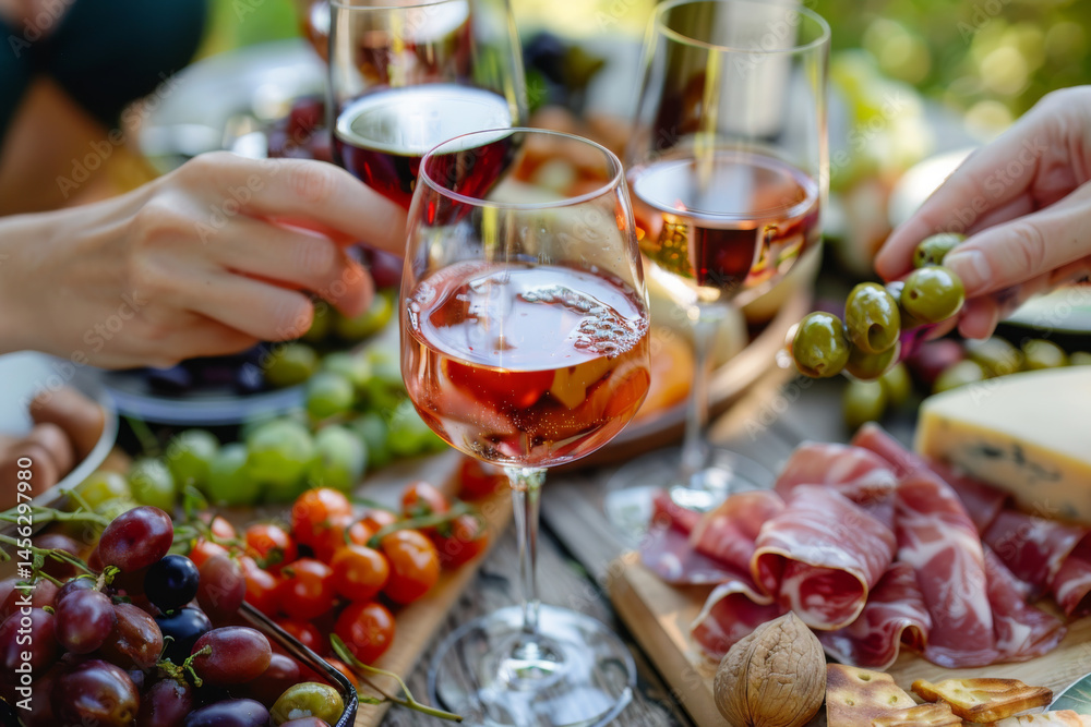 Cheese and charcuterie board with wine and olives, creating a festive and elegant dining experience.