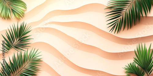 Beach scene with palm trees and a wave. The palm trees are green and the wave is white