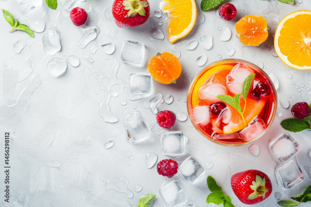 Refreshing summer drinks with citrus fruits, berries, and ice on a light background, creating a vibrant and cool scene