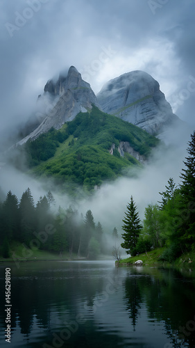 Misty mountains, lush green forests, calm lake.