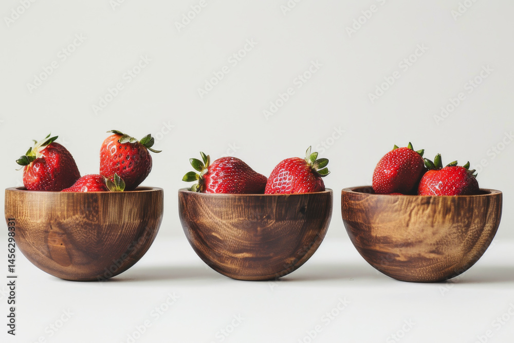 Fresh strawberries in two wooden bowls, showcasing their vibrant red color and juicy texture against a white background.