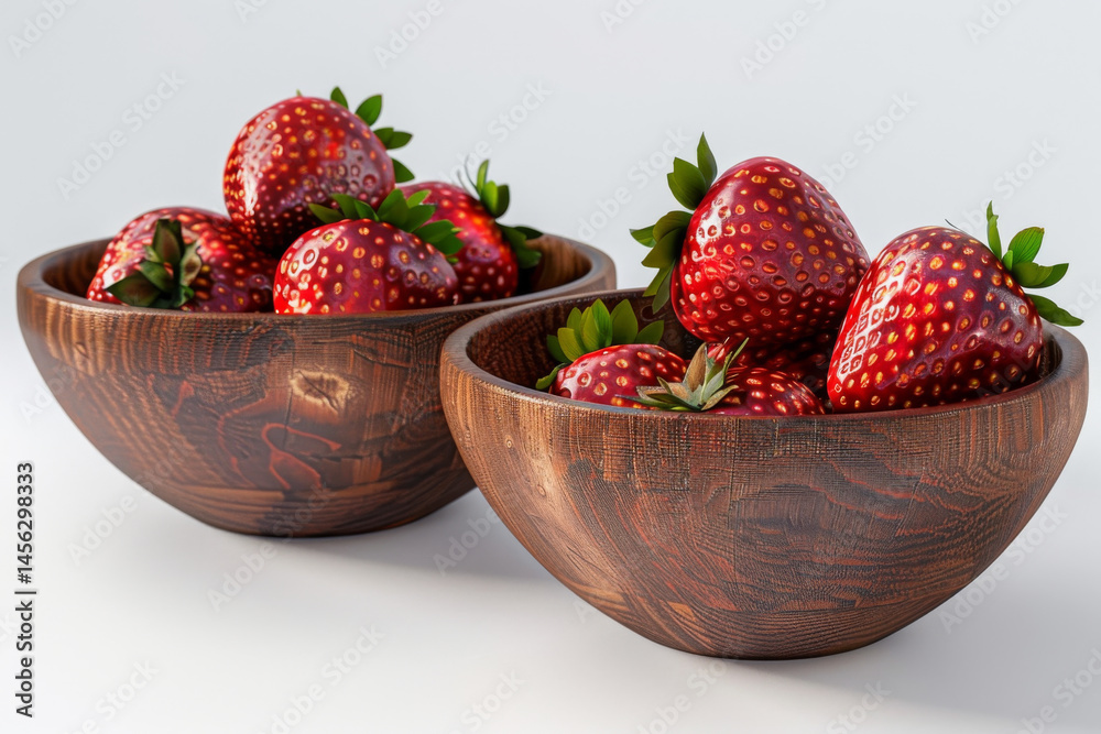 Fresh strawberries in two wooden bowls, showcasing their vibrant red color and juicy texture against a white background.