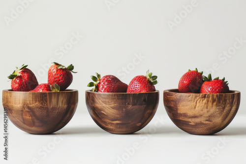 Obraz na płótnie Fresh strawberries in two wooden bowls, showcasing their vibrant red color and juicy texture against a white background. w salonie