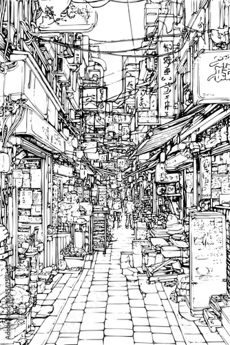Busy Alleyway With Overhead Canopy Coverings, coloring book design, vector illustration