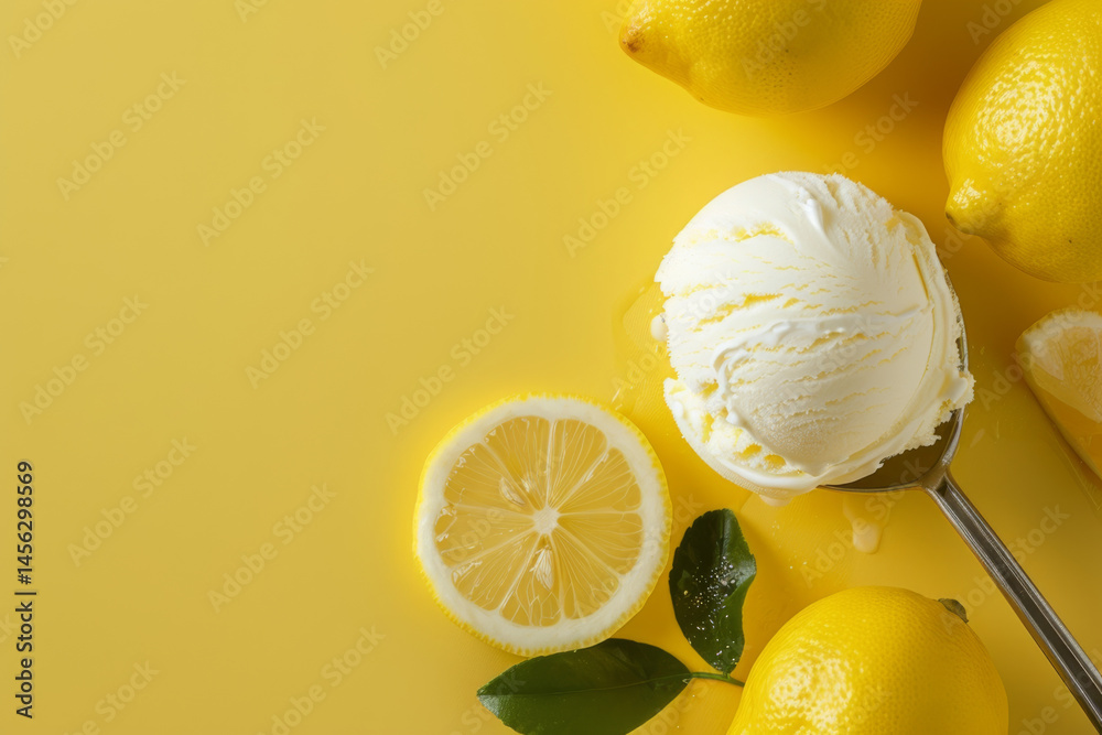 Lemon ice cream scoop on a spoon with a lemon slice, set against a vibrant yellow background.