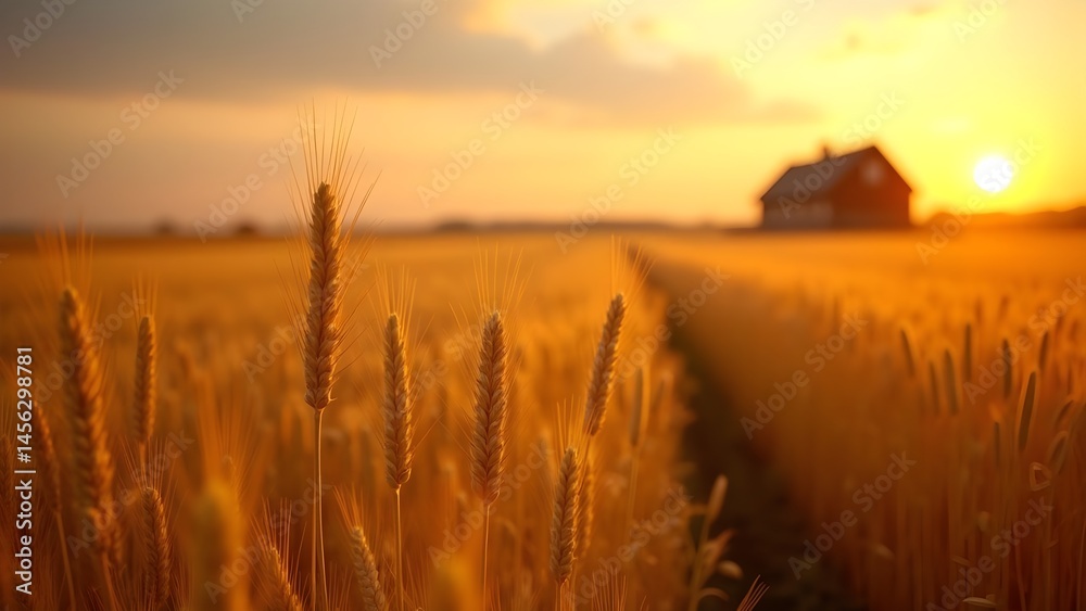 Obraz premium Golden Wheat Field at Sunset: A Breathtaking Countryside Landscape with Farmhouse and Warm Light