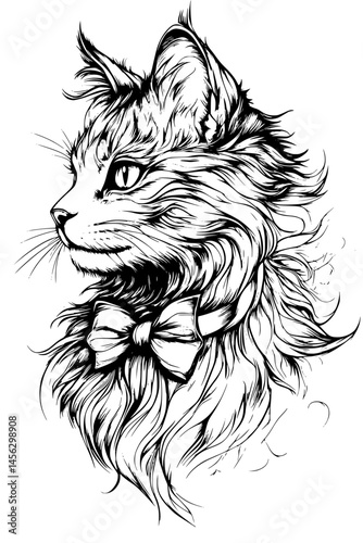 Cat With Bowtie And Stare, coloring book design, vector illustration