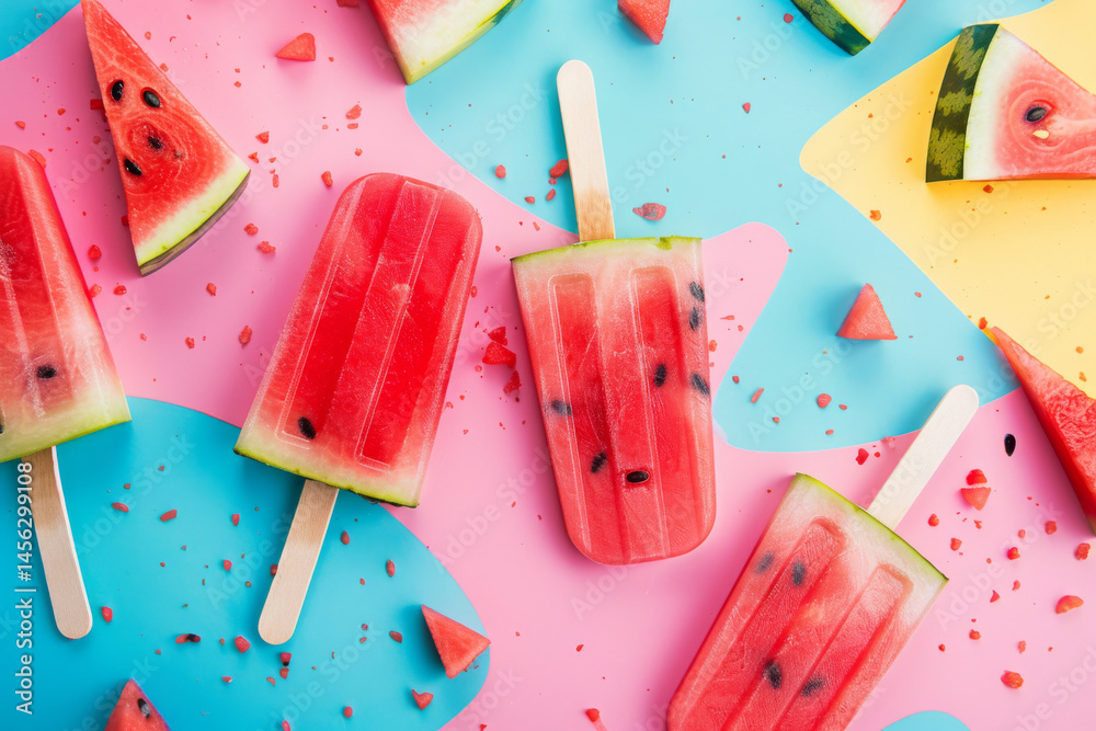 Watermelon slices and popsicles on a colorful pastel background, creating a refreshing and vibrant summer scene.