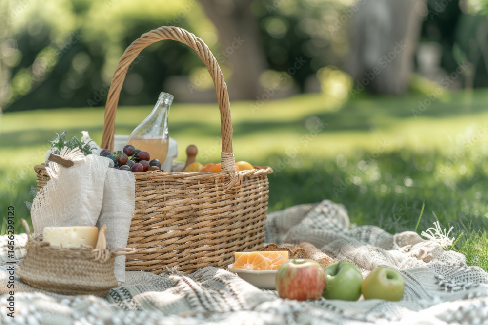 Picnic basket filled with fresh fruits and cheese on a blanket in a sunny park, creating a serene and inviting scene.