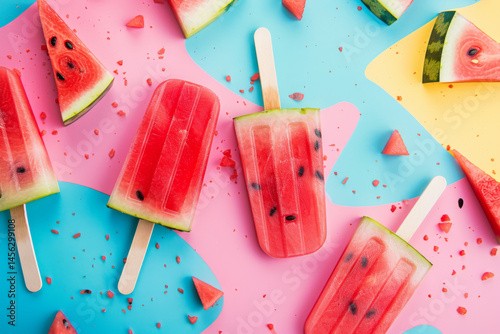 Obraz na płótnie Watermelon slices and popsicles on a colorful pastel background, creating a refreshing and vibrant summer scene. w salonie