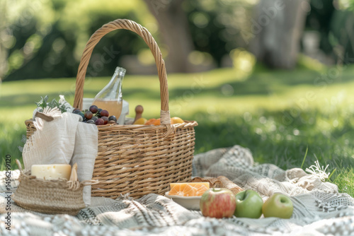 Obraz na płótnie Picnic basket filled with fresh fruits and cheese on a blanket in a sunny park, creating a serene and inviting scene. w salonie