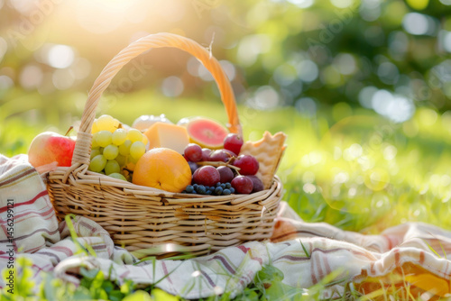 Picnic basket filled with fresh fruits and cheese on a blanket in a sunny park, creating a serene and inviting scene.