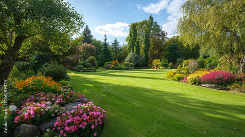 Vibrant garden with colorful flowers, lush green grass, and trees under sunny sky