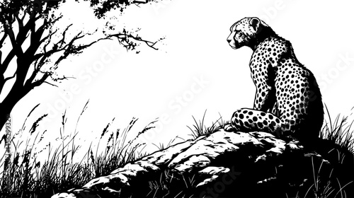 Cheetah Watching From Rocky Hill, vector illustration
