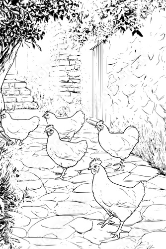 Chickens Walking Through Back Yard, coloring book design, vector illustration