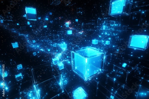 Futuristic digital tunnel filled with glowing blue data cubes, symbolizing high-speed information flow, blockchain technology, and the digital universe photo