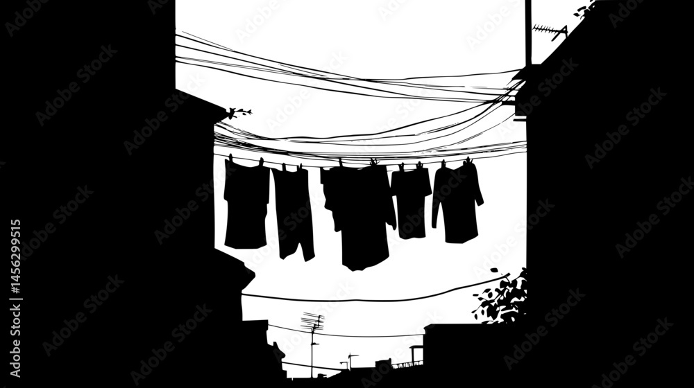 Fototapeta premium Clothes Hanging Between Structures, vector illustration