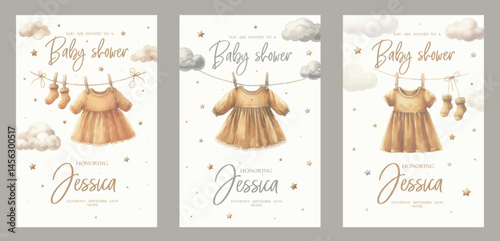 Cute baby shower watercolor invitation card for baby and kids new born celebration. Card with baby dress.