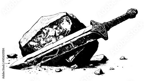 Enchanted Sword Stuck In Stone, vector illustration