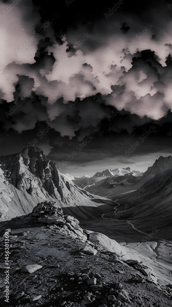 Obraz premium Dramatic mountain range, stormy sky, grayscale landscape.