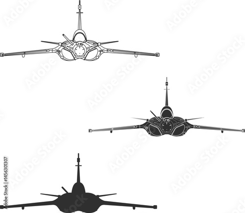 Set of icons of multi-role fighter jet line, isolation and silhouette in black color, airplane front view, French fighter jet Squall.