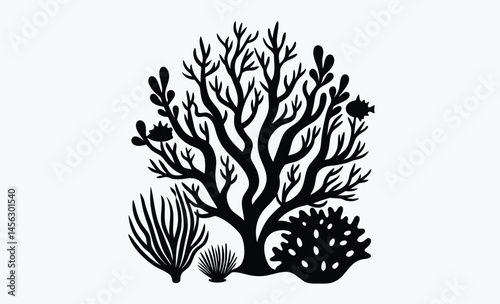 Coral seaweed silhouette, coral seaweed shape aesthetic element, vector, silhouette, abstract cartoon underwater plant collection