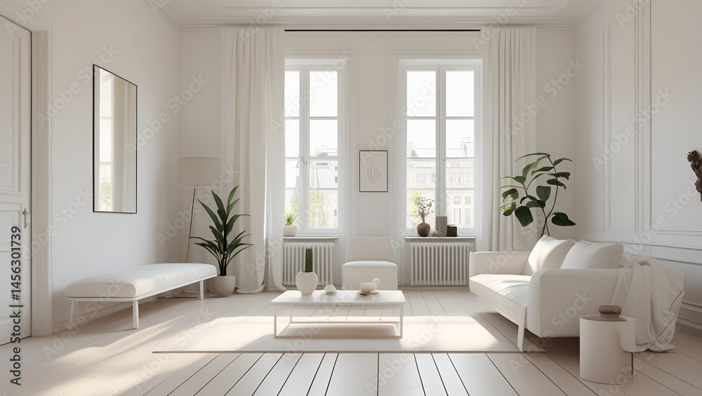 View of stylish white apartment design in lagom style in sweden, View of stylish white apartment design in lagom style in sweden,