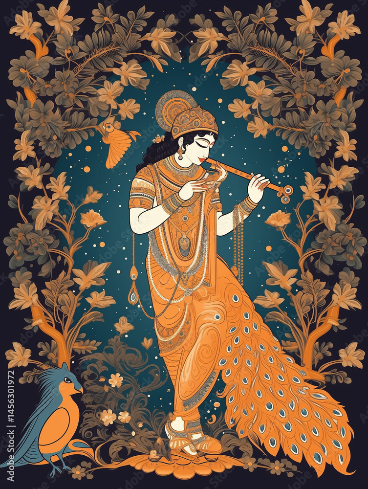 Fototapeta premium Divine Krishna playing flute in ornate illustration style with peacock motif. Perfect for spiritual branding, cultural celebrations, festival promotions, and wellness marketing materials.