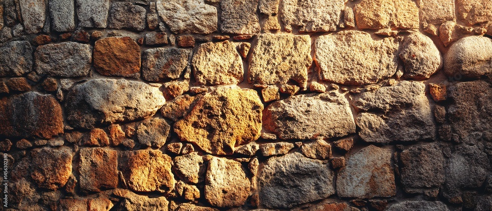 Fototapeta premium Stone wall texture with sunlight creating shadows and highlights on the surface.