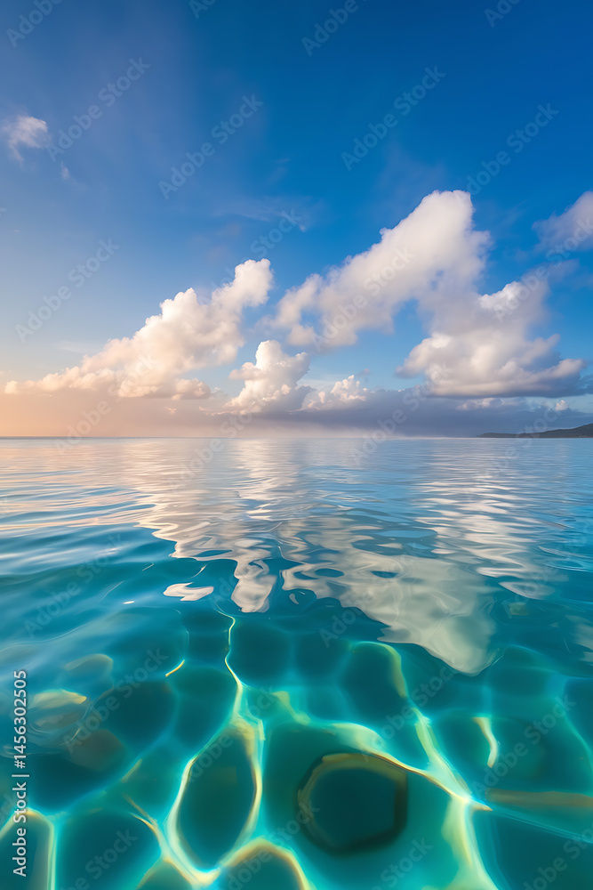 Obraz premium Calm water reflecting a vibrant sky. Tranquil ocean scene.
