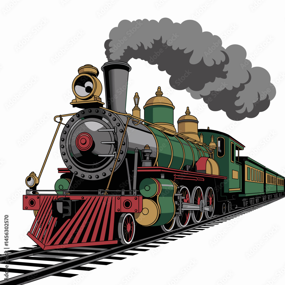 Naklejka premium Vintage Steam Locomotive Vector on Railway Tracks