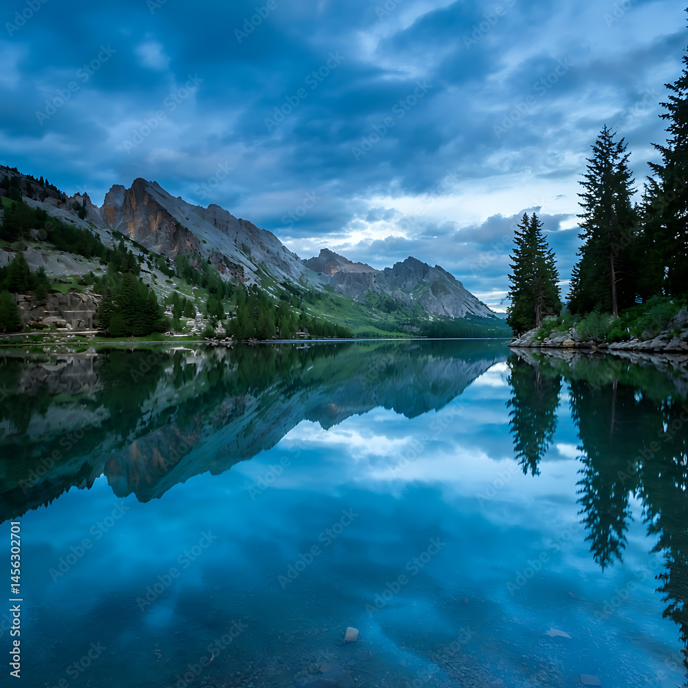 Fototapeta premium Mountain lake reflects a cloudy sky. Peaceful serene scene.