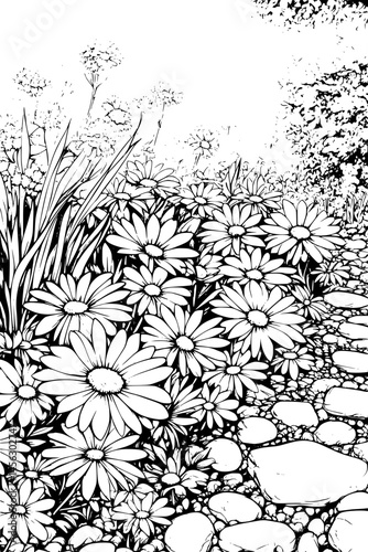 Garden Awakening With Spring Flowers, coloring book design, vector illustration