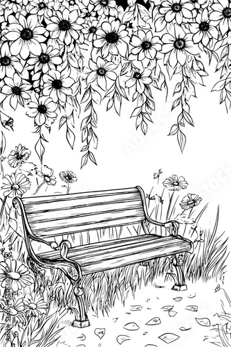 Garden Bench Nestled Among Flowers, coloring book design, vector illustration