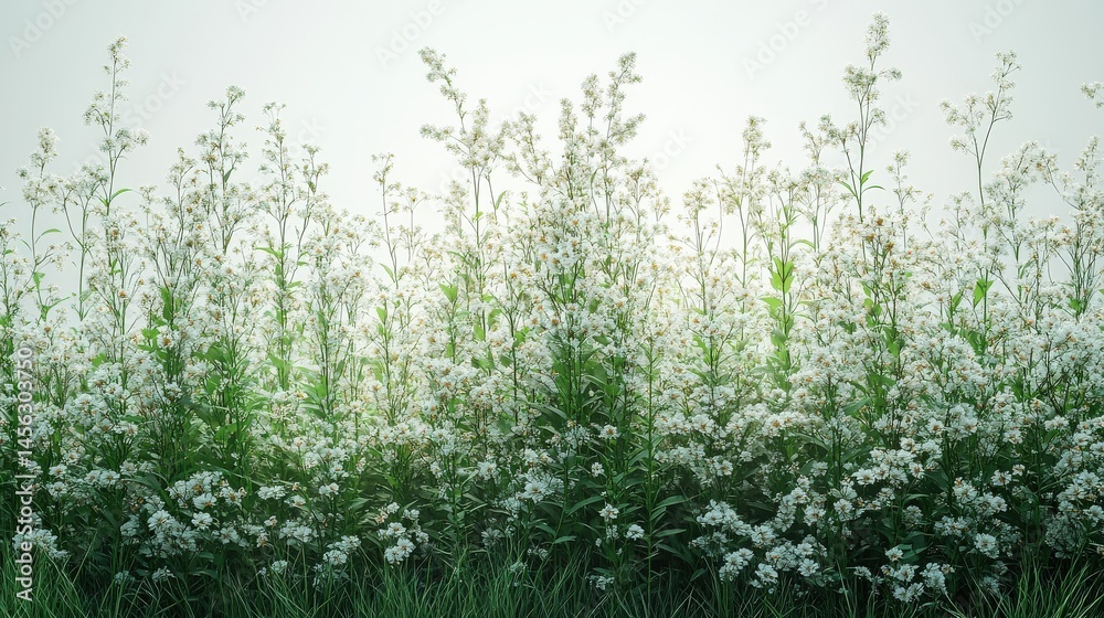 Fototapeta premium Meadow of small white flowers with green grass against a soft white sky