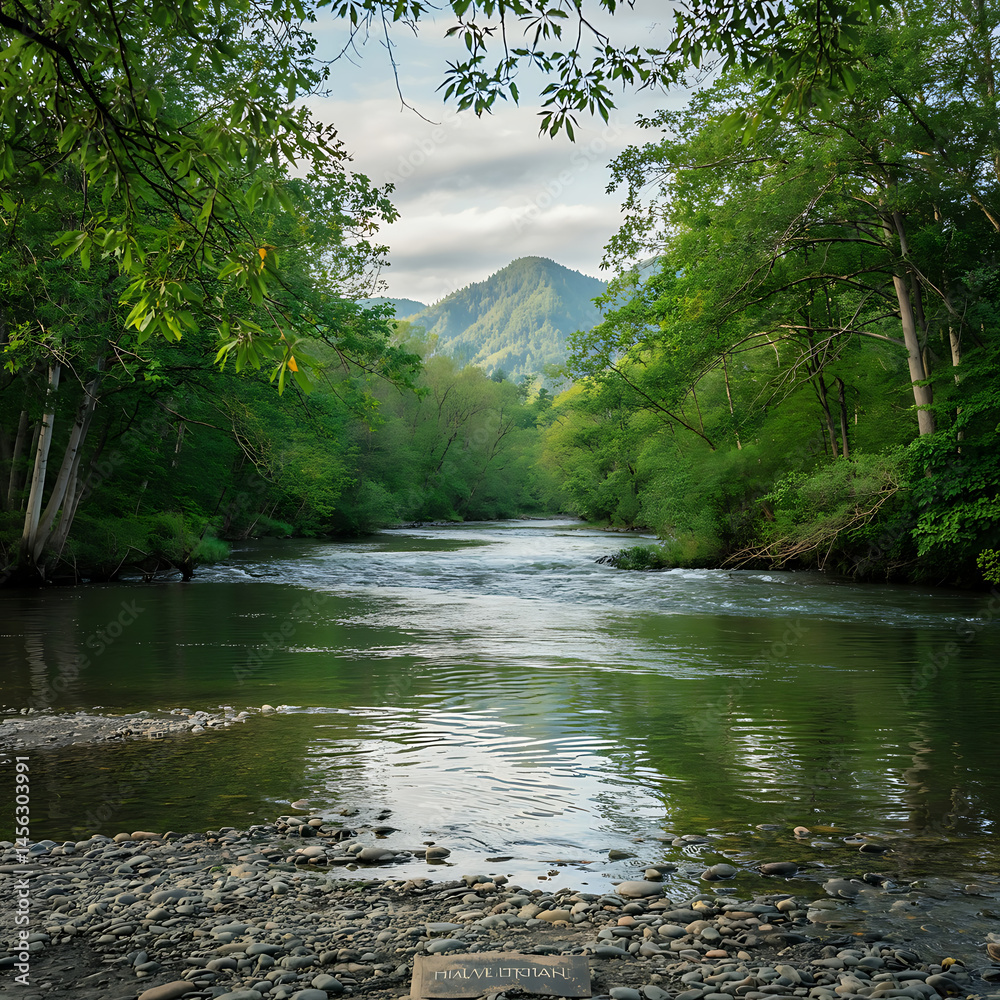 Fototapeta premium Tranquil river winding through lush green forest.