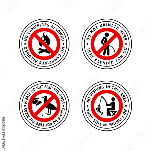 Free Download Prohibited label No campfires allowed, No fishing, Do not feed birds, Do not urinate here, forbidding sticker set - GFXLoad