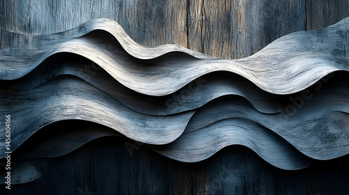 Abstract design of wavy wood panels on a dark background.