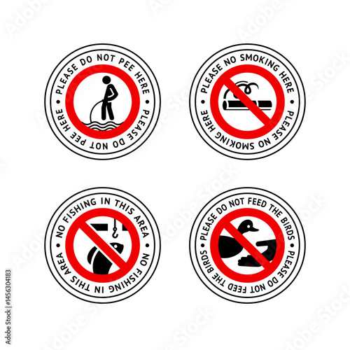 Prohibited label No smoking, Do not pee here, No ice fishing, Do not feed birds, forbidding sticker set