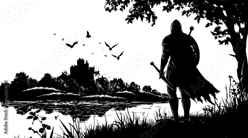 Knight Walking Through Enchanted Valley, vector illustration