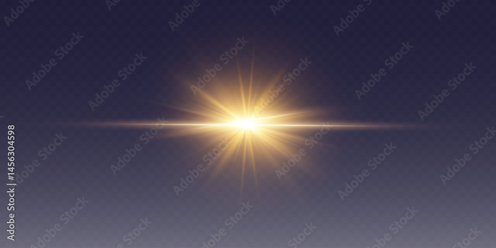 Obraz premium Golden neon flash of star and light. On a transparent background.