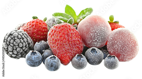 A collection of frozen fruits, including blueberries and strawberries, covered in a light frost, displayed against a white background