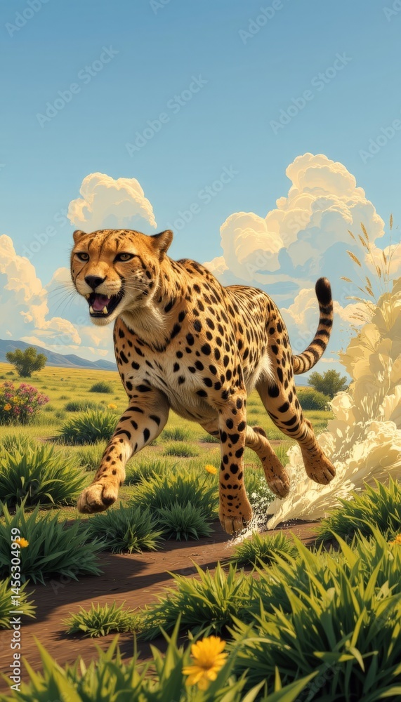 Cheetah Running in Open Field Against a Beautiful Sky Background